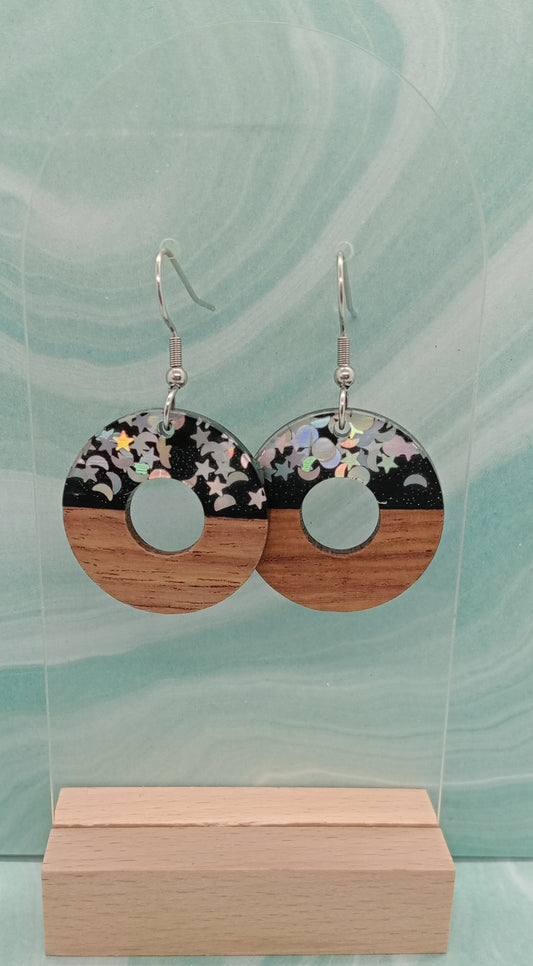 Doughnut earrings - 1/2 Black Resin filled with silver moon & stars, 1/2 walnut
