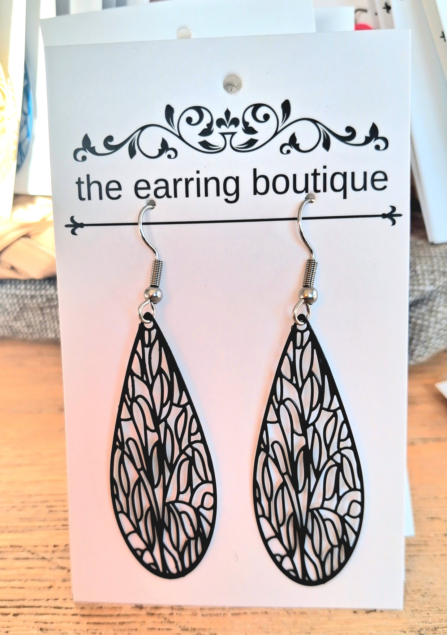 Filigree long tear drop with stainless steel french hook