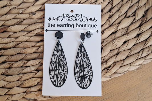 Filigree long tear drop with stainless steel black stud finding